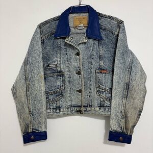Vintage Jordache Denim Acid Wash Jacket Women Large Blue Cuffs Collar Unique
